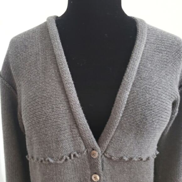 J. Jill Cotton Chunky Knit V Neck Gray Ruffle Seam Cardigan Sweater Medium - Picture 5 of 12
